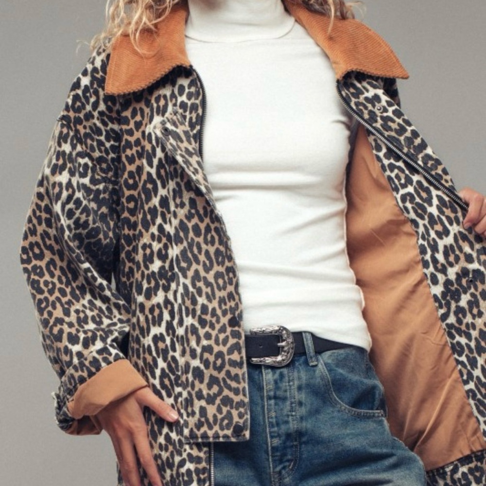 Leopard Print Denim Jacket with Corduroy Collar Detail